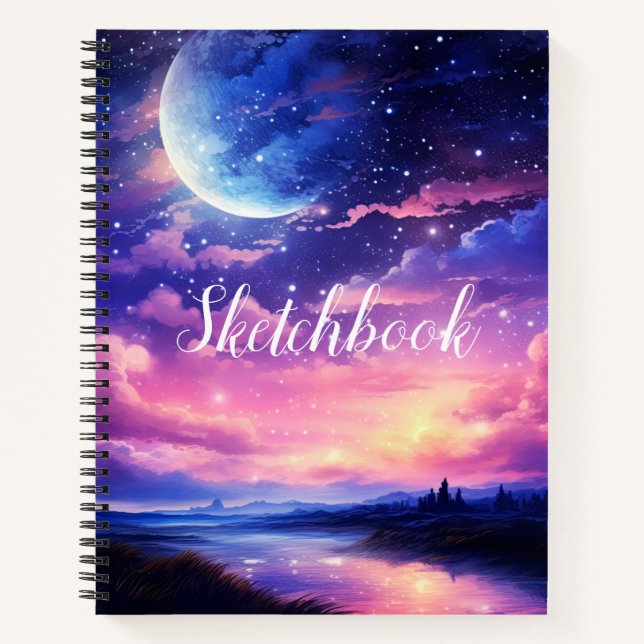 Celestial Full Moon Stars Clouds Sketchbook Notebook (Front)