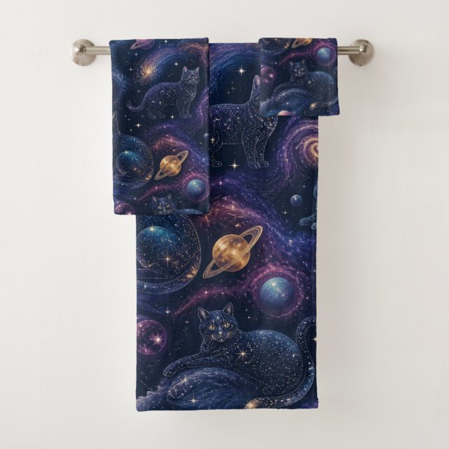 Celestial Galaxy Cats Nebula Space Bath Towel Set (Insitu)