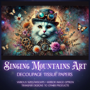 Celestial Galaxy Floral Steampunk Cat Decoupage  Tissue Paper