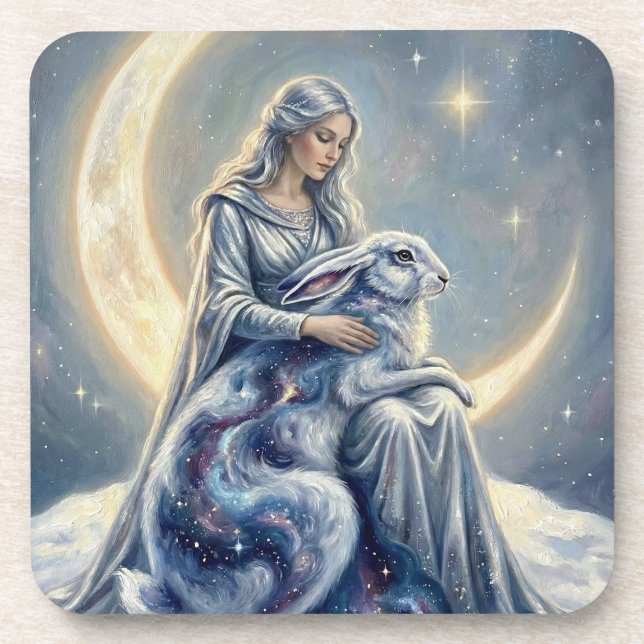 Celestial Galaxy Hare Moon Goddess Fantasy Art Coaster (Front)