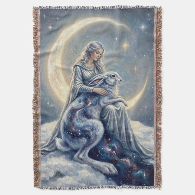 Celestial Galaxy Hare Moon Goddess Fantasy Art Throw Blanket (Front Vertical)
