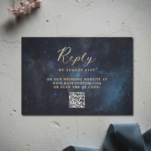 Celestial Galaxy Stars Midnight Navy Wedding QR RSVP Card (celestial galaxy wedding rsvp reply watercolor moody navy blue starry night written in the stars)