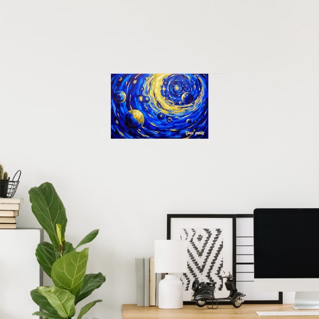 Celestial Galaxy Vortex Painting Blue Gold Cosmic Poster (Home Office)
