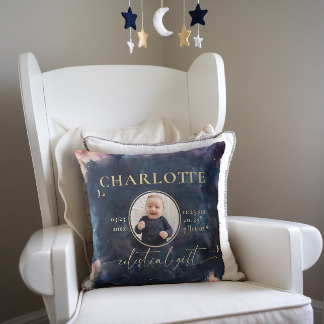 Celestial Gift Birth Stats Keepsake Photo Nursery Cushion (celestial baby birth stats keepsake throw pillow twinkle star moon cosmos galaxy dark navy blue gold)