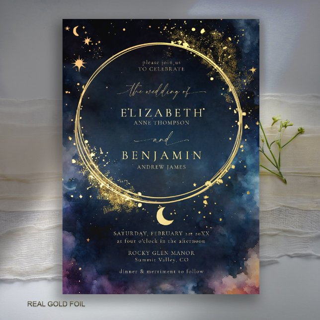 Celestial Gift Midnight Blue Romantic Star Wedding (celestial wedding invitation gold foil watercolor starry night sky galaxy universe astrology navy)