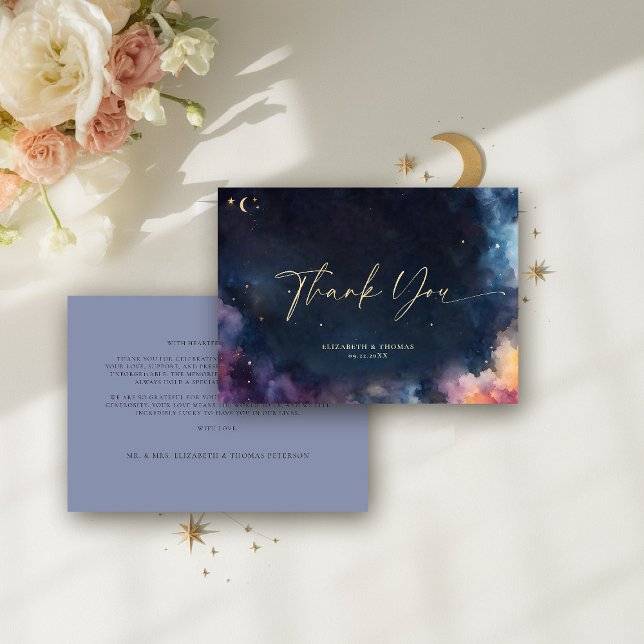 Celestial Gift Midnight Blue Stars Cosmic Galaxy Thank You Card (celestial thank you card watercolor starry night sky galaxy universe navy blue gold)