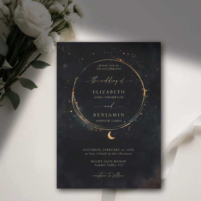 Celestial Gift Moody Dark Elegant Gold Wedding Invitation (celestial wedding invitation elegant frame watercolor moon stars sky modern classic moody dark)