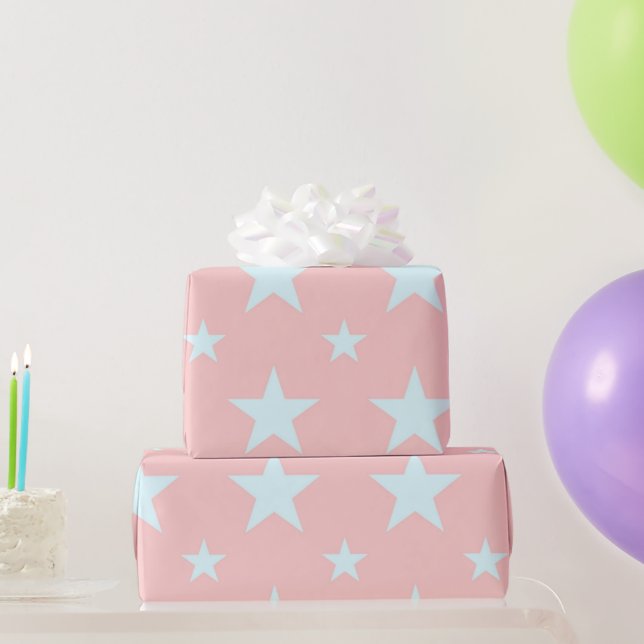 Celestial Girly Pastel Pink & Blue Stars Pattern Wrapping Paper (Party Gifts)
