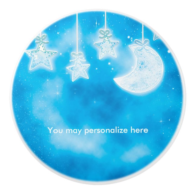 Celestial Glowing Stars & Moon Blue Sky Nursery Ceramic Knob (Front)