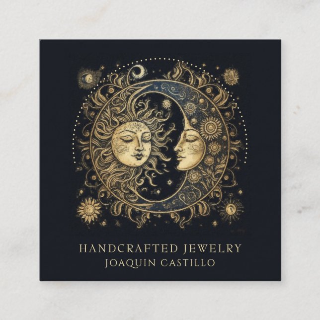Celestial Gold Black Sun Moon Jewellery Designer Square Business Card (Front)