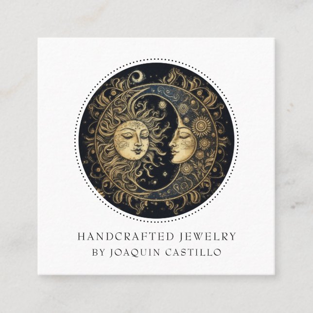 Celestial Gold Black Sun Moon Jewellery Designer Square Business Card (Front)