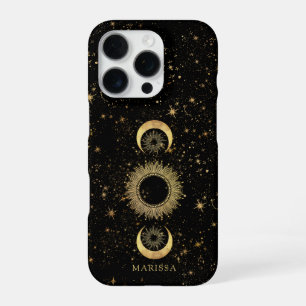 Celestial Gold Black Sun Moon Stars Personalised iPhone 16 Pro Case