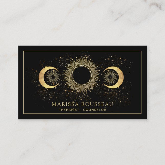 Celestial Gold Black Sun Moon Therapist Counsellor Business Card (Front)