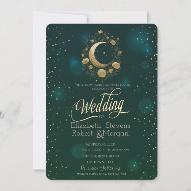 Celestial Gold Floral Moon Stars Wedding Green Invitation (Front)