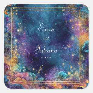 Celestial Gold Geometric Frame Galaxy Wedding Square Sticker