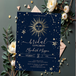 Celestial Gold Glitter Sun  Stars Bridal Luncheon Invitation