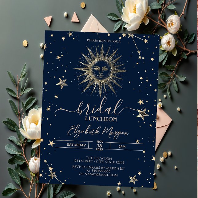 Celestial Gold Glitter Sun  Stars Bridal Luncheon Invitation (Creator Uploaded)