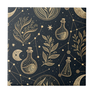 Celestial Gold Line Art - Moon Phases and Potions Ceramic Tile