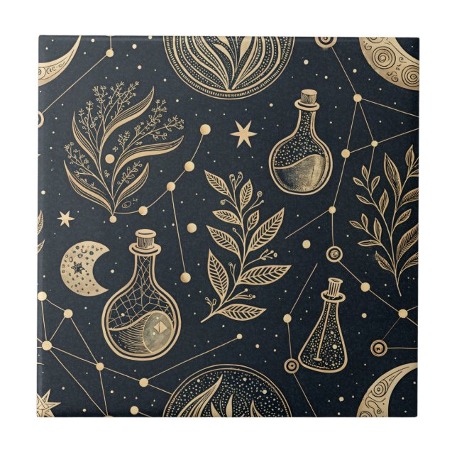 Celestial Gold Line Art - Moon Phases and Potions Ceramic Tile (Front)
