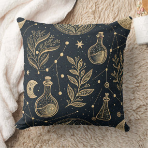 Celestial Gold Line Art - Moon Phases and Potions Cushion