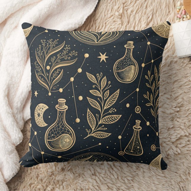 Celestial Gold Line Art - Moon Phases and Potions Cushion (Blanket)