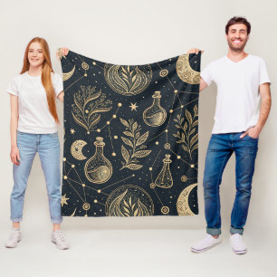 Celestial Gold Line Art - Moon Phases and Potions Fleece Blanket
