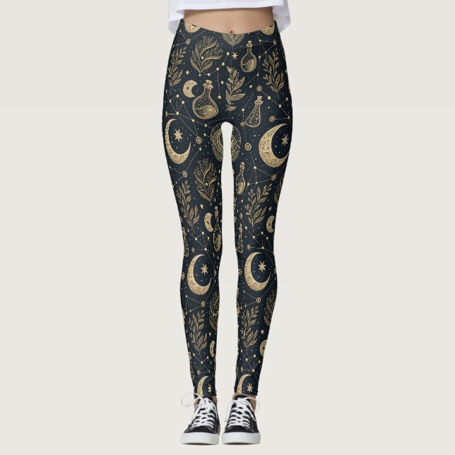 Celestial Gold Line Art - Moon Phases and Potions Leggings (Front)
