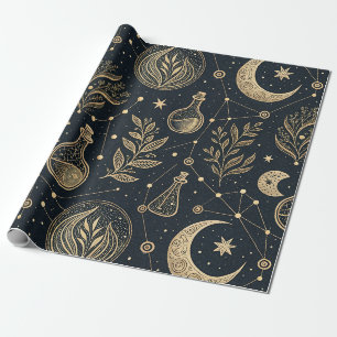 Celestial Gold Line Art - Moon Phases and Potions Wrapping Paper