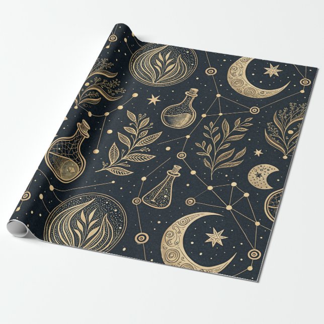 Celestial Gold Line Art - Moon Phases and Potions Wrapping Paper (Unrolled)