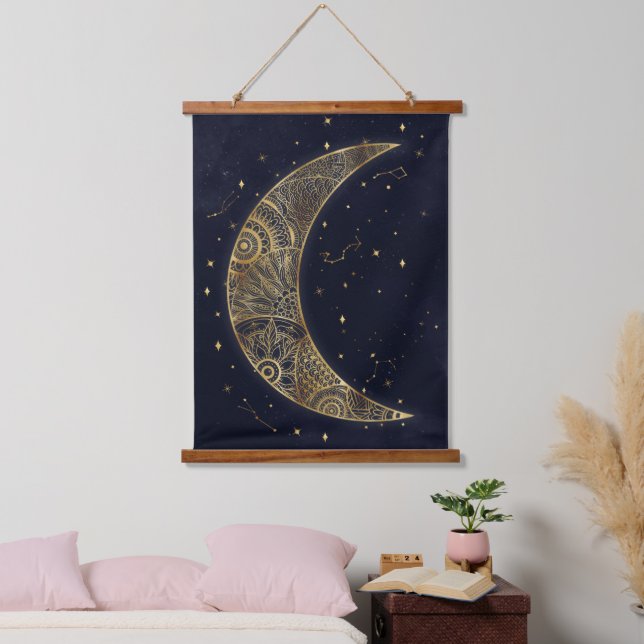 Celestial Gold Moon Aesthetic  Hanging Tapestry (Bedroom)