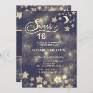 Celestial gold moon and stars sweet sixteen invitation
