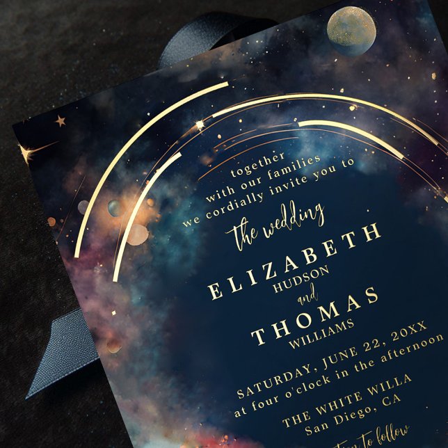 Celestial Gold Moon Stars Floral Elegant Wedding (celestial wedding invitation moody dark midnight sky watercolor floral elegant modern classic gold)
