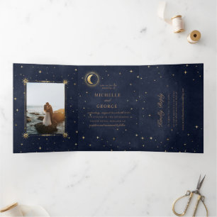 celestial gold moon tri fold wedding invitation