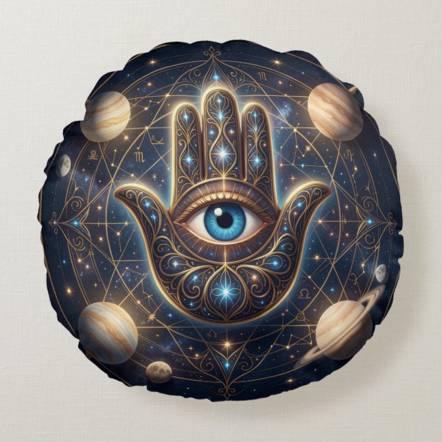 Celestial Gold & Navy Hamsa with Evil Eye Custom Round Cushion (Front)