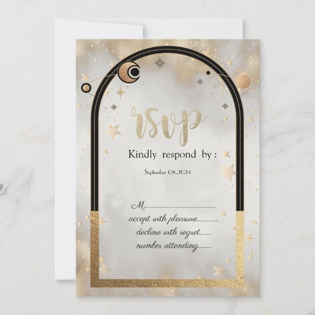 Celestial Gold Star Sun Moon Galaxy RSVP   Invitation (Front)