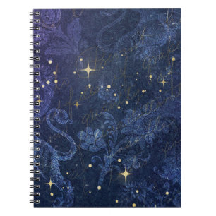 Celestial gold stars blue floral faded gold text notebook