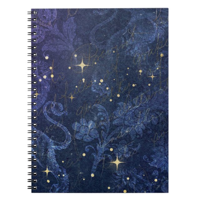 Celestial gold stars blue floral faded gold text notebook (Front)