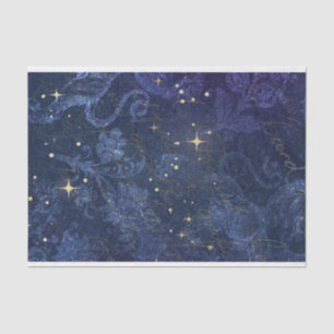 Celestial gold stars blue floral flocked faded  tissue paper