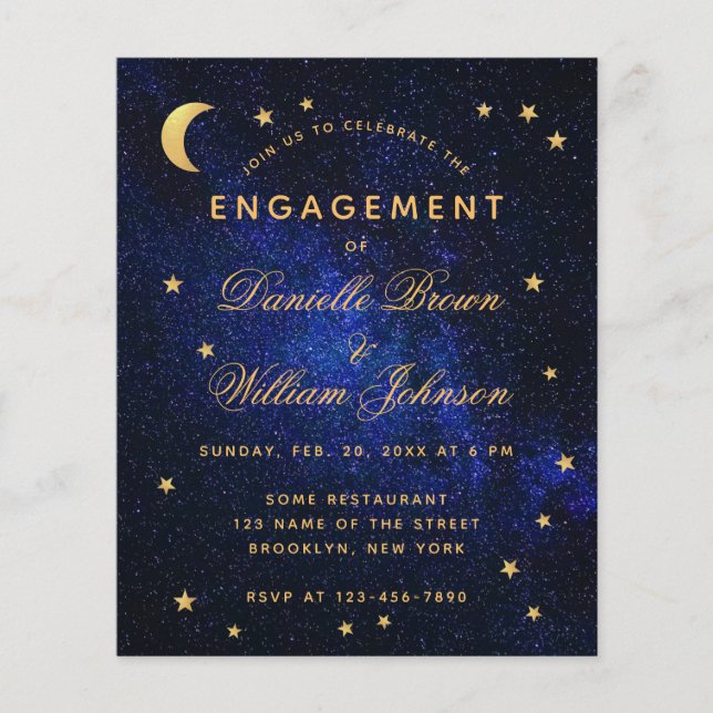 Celestial Gold Stars Budget Engagement Invitation (Front)