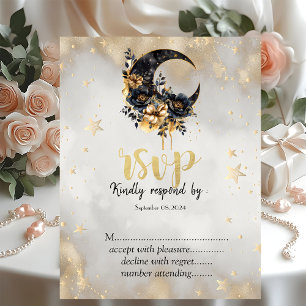 Celestial Gold Stars Floral Moon RSVP   Invitation