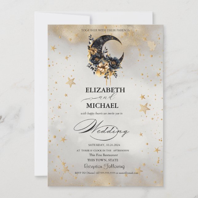 Celestial Gold Stars Floral Moons Script Invitation (Front)