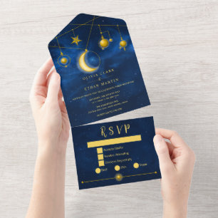 Celestial Gold Stars Midnight Blue Romantic All In One Invitation