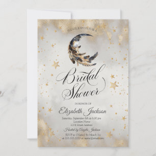 Celestial Gold Stars Moon Feather Bridal Shower  Invitation