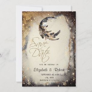 Celestial Gold Stars Moon Feather Save The Date