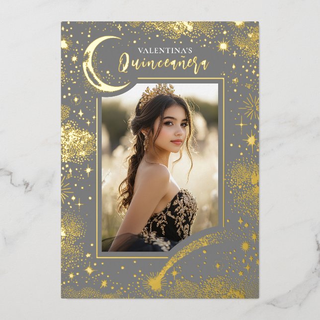 Celestial Gold Stars Moon Night Quinceanera Photo (Front)