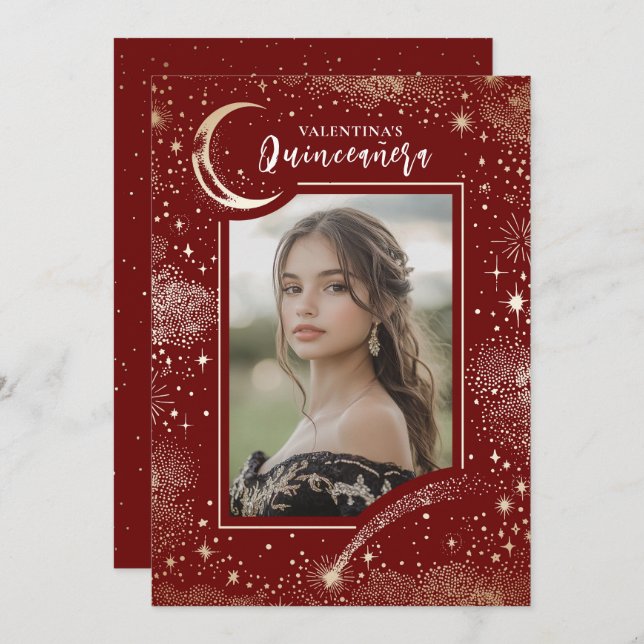 Celestial Gold Stars Moon Night Quinceanera Photo Invitation (Front/Back)