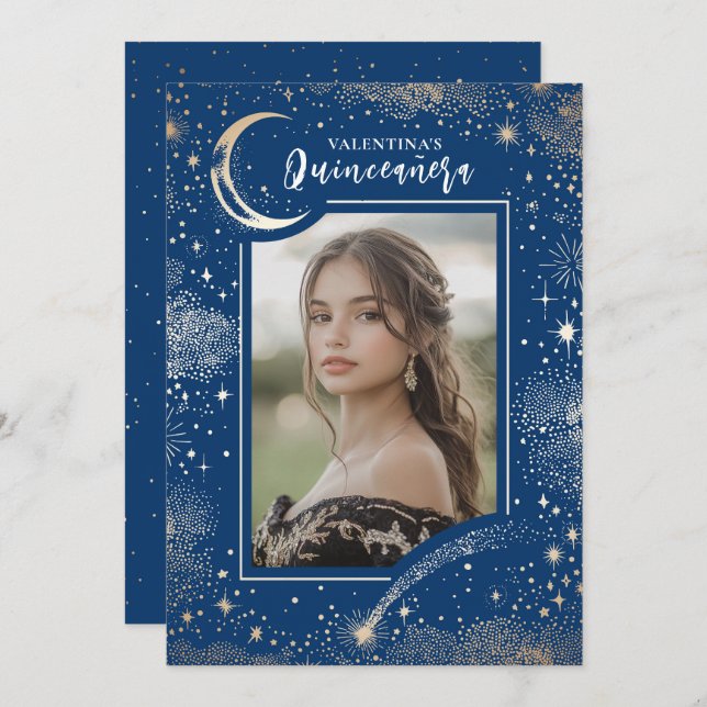 Celestial Gold Stars Moon Night Quinceanera Photo Invitation (Front/Back)