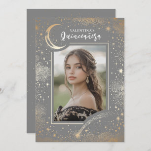 Celestial Gold Stars Moon Night Quinceanera Photo Invitation