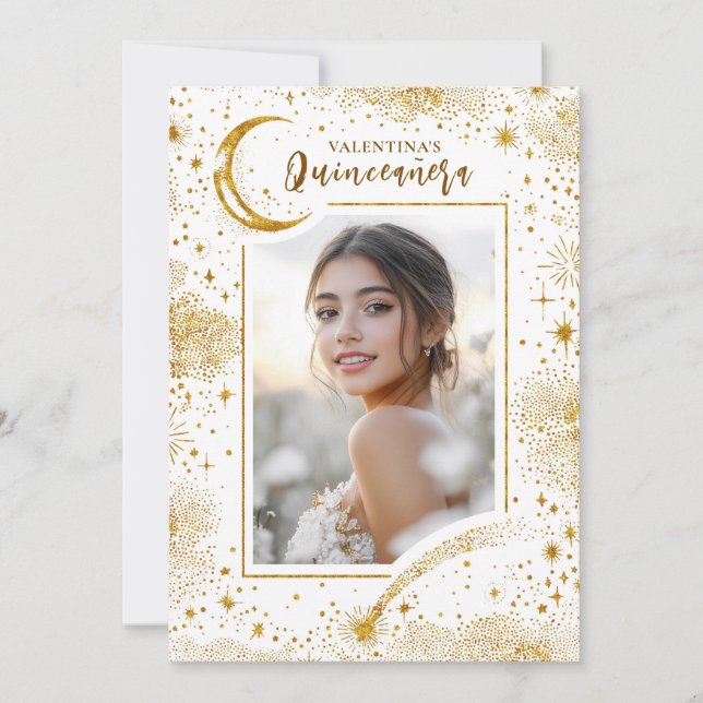 Celestial Gold Stars Moon Night Quinceanera Photo Invitation (Front)