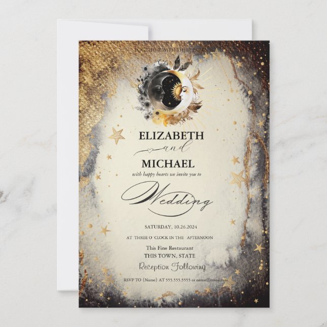 Celestial Gold Stars Moons Dark Invitation (Front)